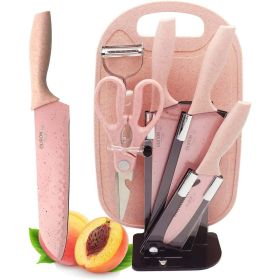 Kitchen Knife Set, Pink 7PC Wheat Straw Sharp Chef Knife Set with Cutting Board and Acrylic Stand