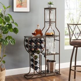 Grey 11 Bottle Wine Bakers Rack, 5 Tier Freestanding Wine Rack with Hanging Wine Glass Holder and Storage Shelves