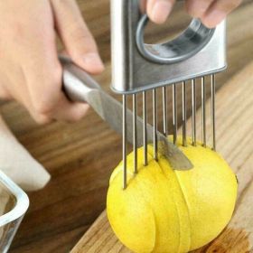 Onion Needle With Cutting Safe Aid Holder Easy Slicer Cutter Tomato Safe Fork Handheld Vegetable Knife Kitchen Onion Holder Slicer Vegetable Tools Tom (Color: Silver)